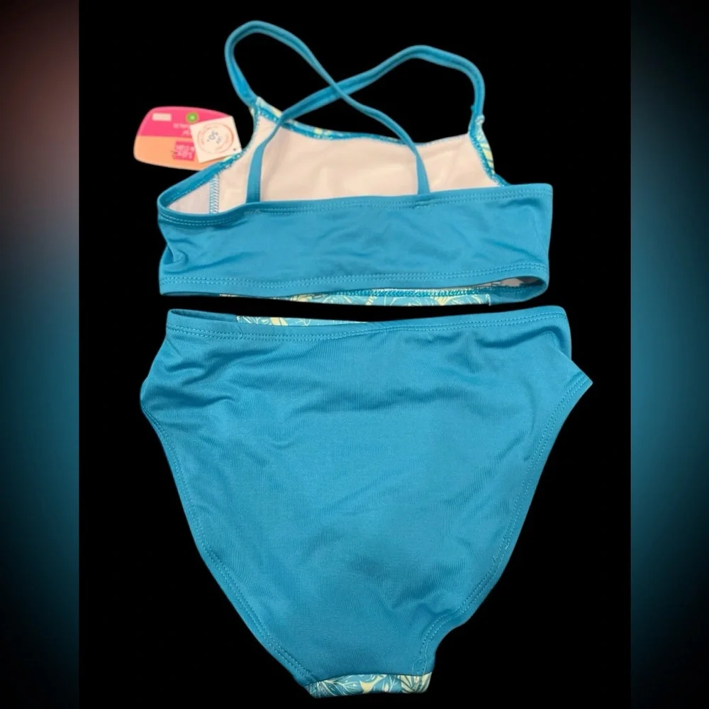 Lily & Dan Girls 2 Piece Swim Set Bikini Top & Bottom Green Blue Tropical Medium